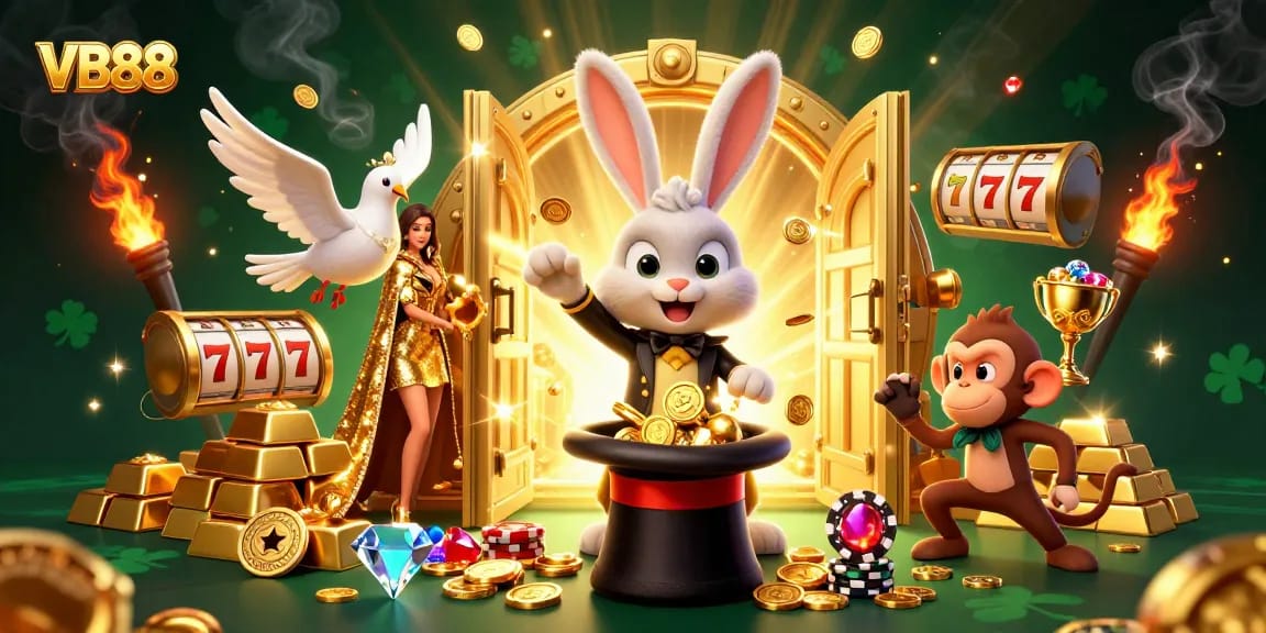 Experience the magic of VB88 casino with a rabbit pulling golden coins in a vibrant scene.