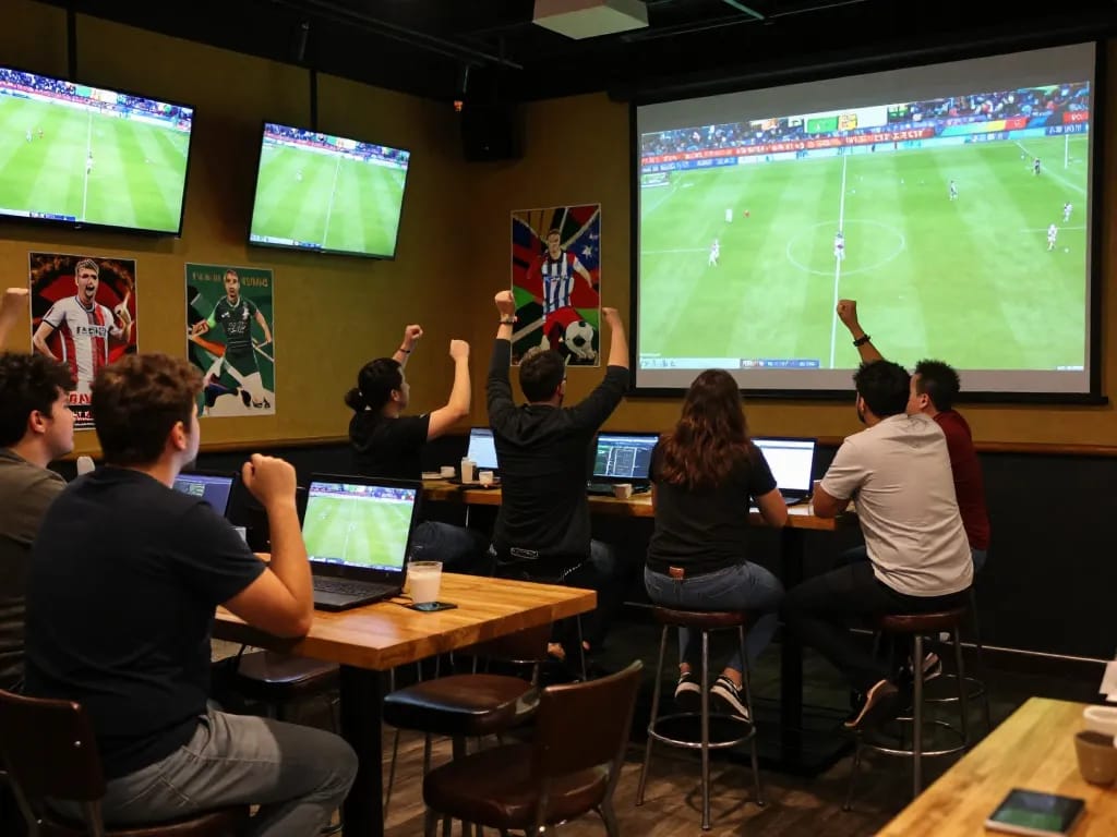 Experience kèo bóng đá hôm nay with passionate fans betting and celebrating in a lively sports bar