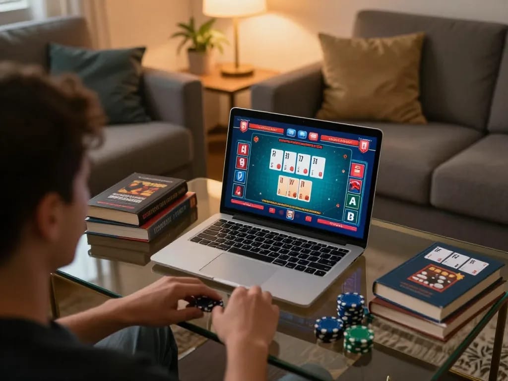 PHTAYA player engaged in online poker strategy while using a laptop in a cozy home environment.