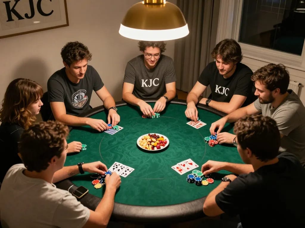 Players enjoying a KJC-branded poker game night at home with chips and cards.
