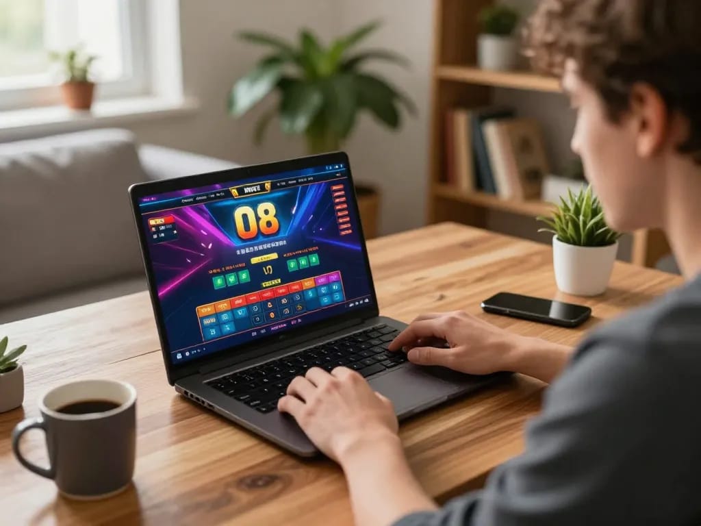 Player engaging with O8 online casino, showcasing an immersive betting experience at home.