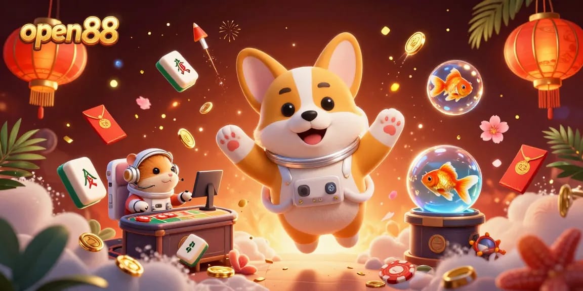 Experience thrilling gaming at open88 with floating characters, coins, and enchanting casino visuals.