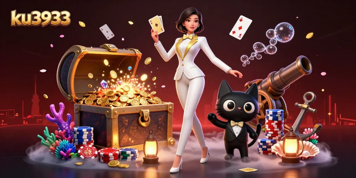 Shuffling cards in a vibrant casino scene with ku3933, featuring glamorous characters and treasures.