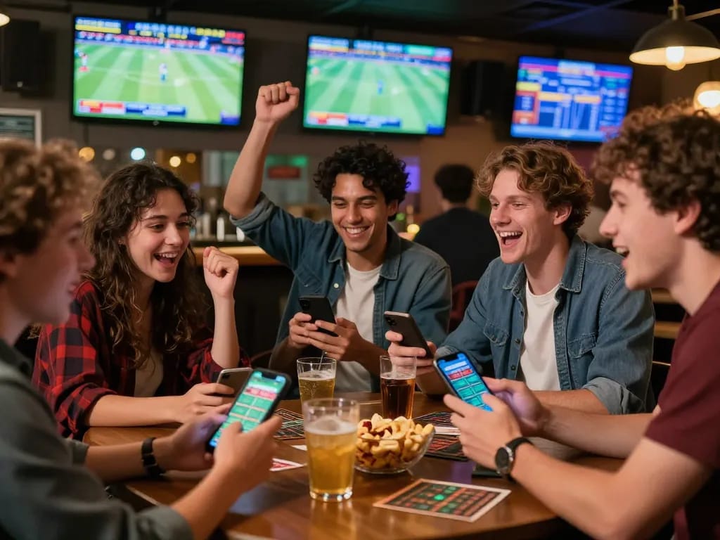 Friends engaging in spirited sports betting at the HIT CLUB, cheering for their teams amidst drinks and lively atmosphere.