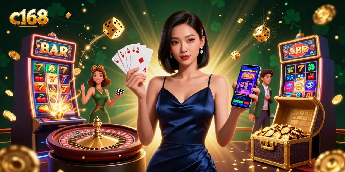 Experience excitement with c168 in a dynamic casino scene featuring jackpot slots and stunning visuals.