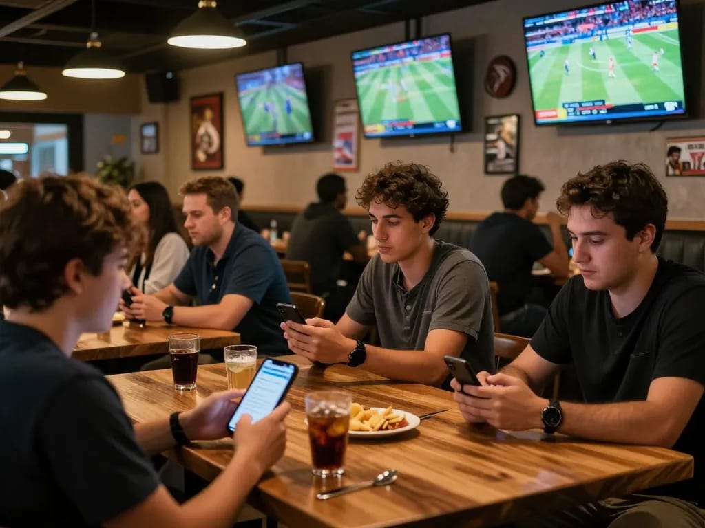 Engaging patrons checking tỷ lệ kèo trực tuyến while enjoying sports in a lively bar.