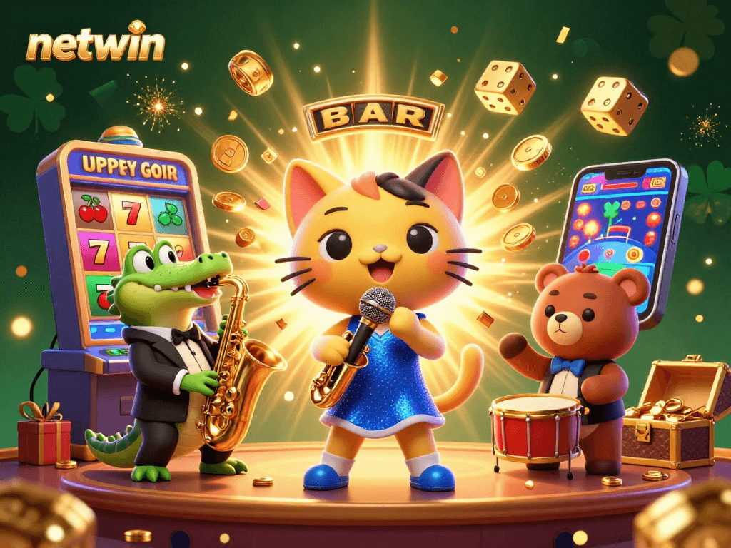 Spin to win with netwin in a vibrant casino scene featuring a jazzy cat, crocodile, and bear!
