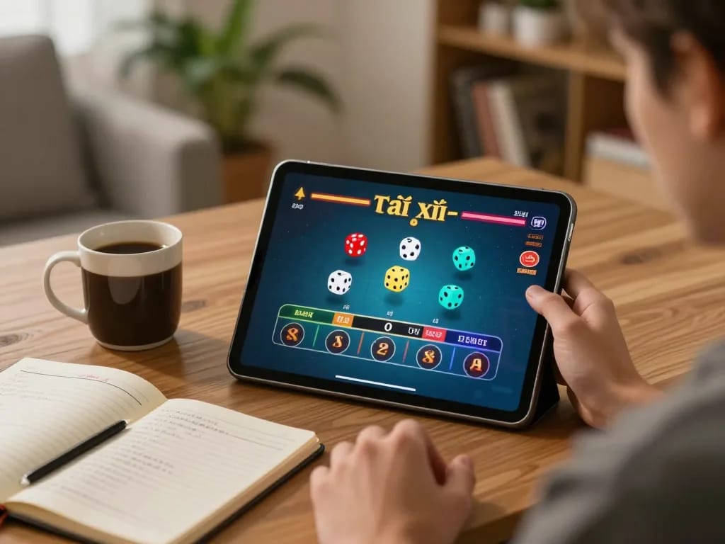 Tài xỉu online gameplay on a tablet in a cozy home setting with strategies and dice displayed.