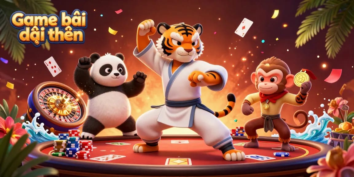 Experience thrilling Game bài đổi thưởng with cartoon characters playing poker and enjoying casino vibes.
