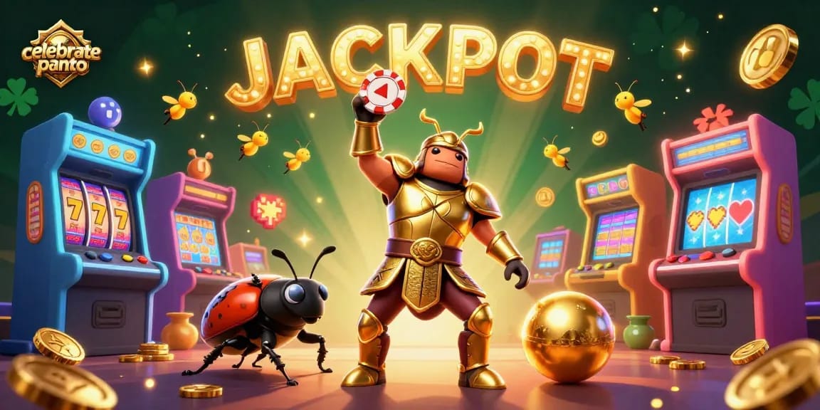 Celebratepanto showcases a victory scene with characters winning at slots and jackpots.