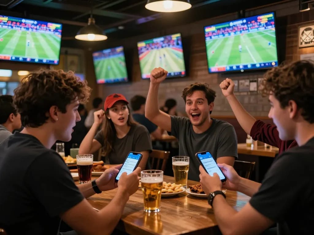 Fans engaging in sports betting with kèo nhà cái updates on their smartphones at a lively sports bar.