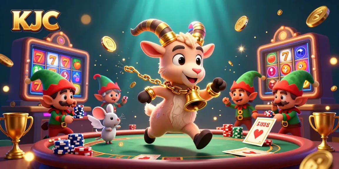 KJC engages players in a vibrant casino scene featuring Krampus and whimsical characters, keeping order amidst vibrant slot games.