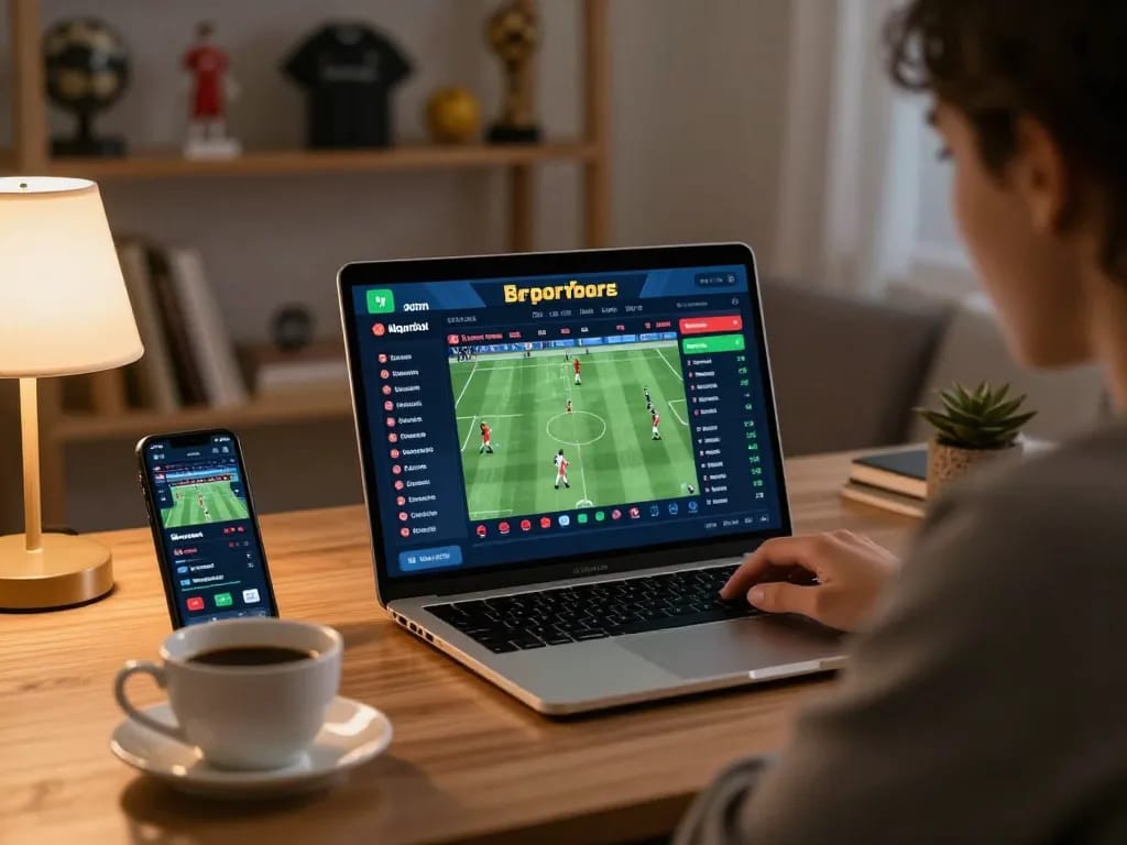 Engaged player analyzing kèo nhà cái odds on a laptop during live sports betting.