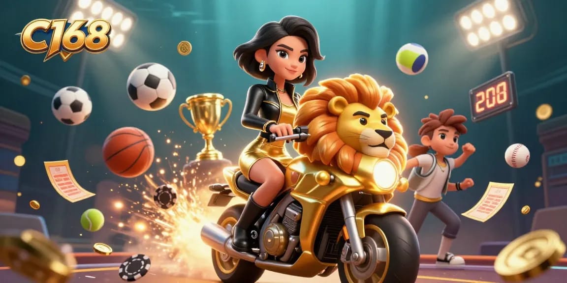 C168 brings excitement with a glamorous Asian woman on a golden lion mascot, surrounded by dynamic sports elements.