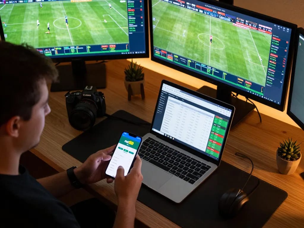 Engaging in online sports betting on net88 with multiple screens displaying live matches and odds