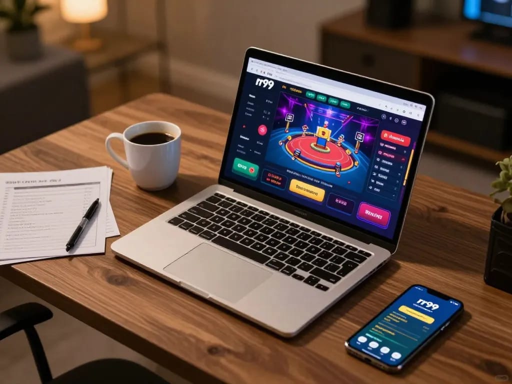 Engaging rr99 online betting experience showcased on a sleek laptop, warm home atmosphere.