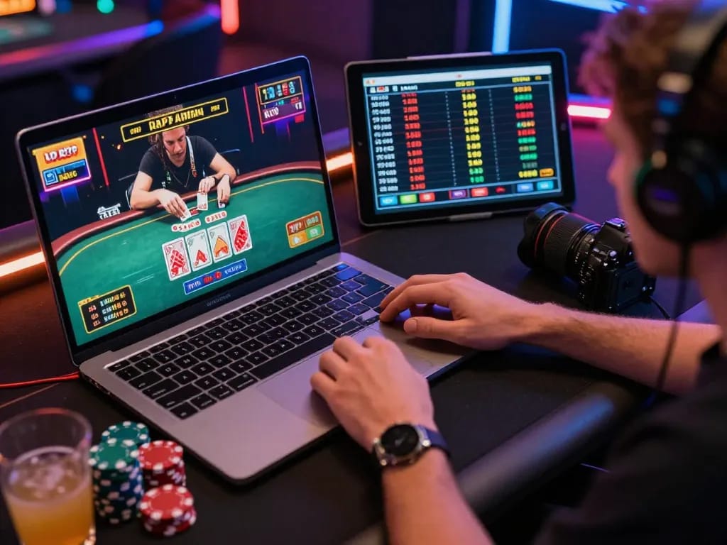 Engaging player monitoring RTP Live games on dual-screen setup during online casino session.