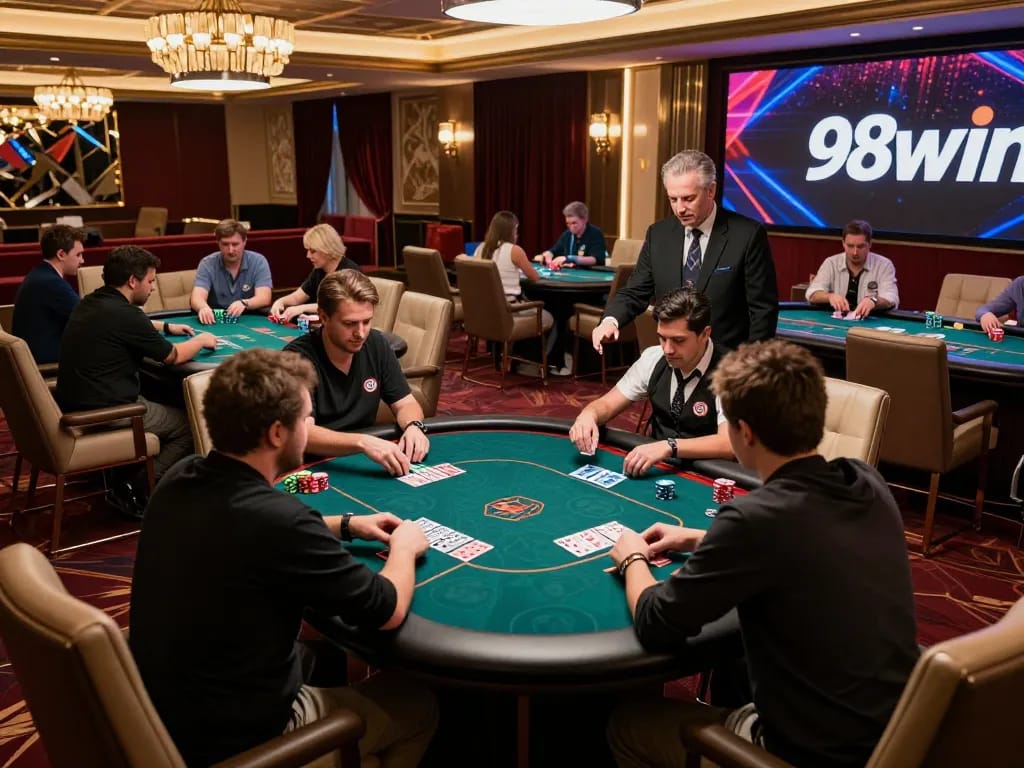 Players engaging in high-stakes poker at 98win, showcasing the thrill of online gambling.