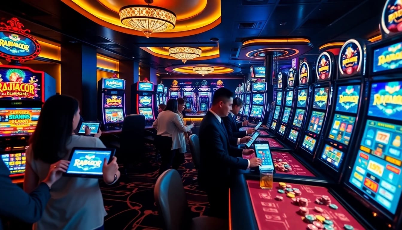 Players engaging with RAJAGACOR slot machines, showcasing excitement and winning potential.