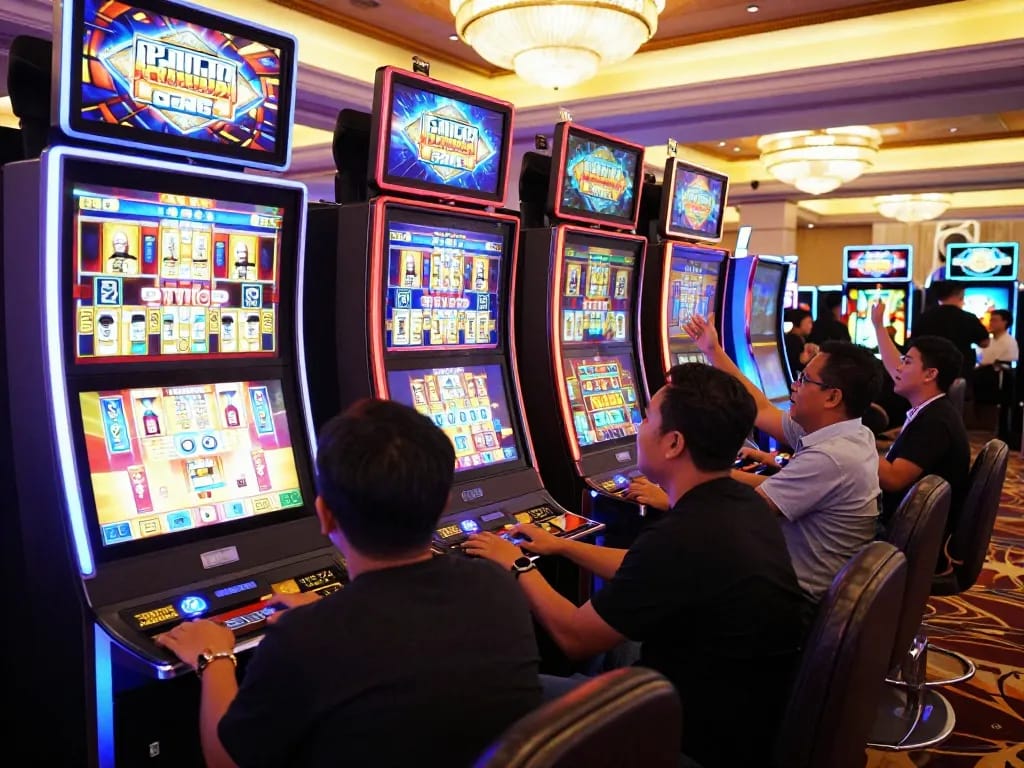 Players enjoying Slot Resmi at vibrant casino slot machines, celebrating wins in an exciting atmosphere.