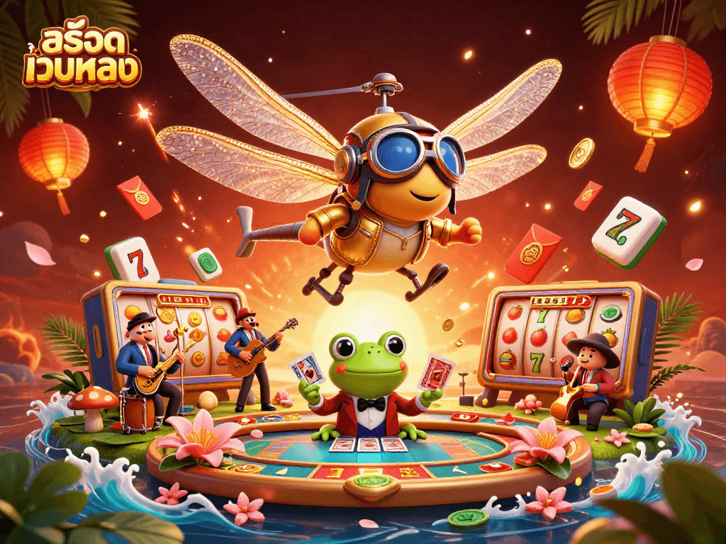 Engage with สล็อตเว็บตรง at the vibrant lily pad casino featuring a dragonfly pilot and frog croupier.
