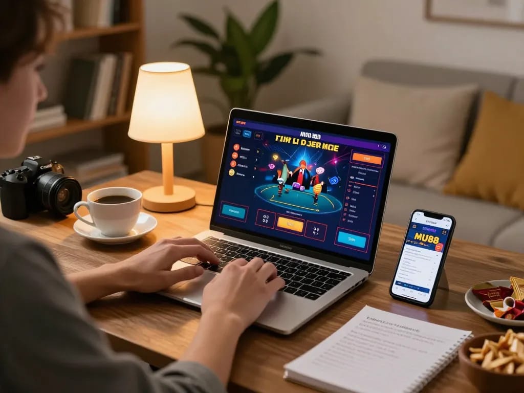 Player enjoying live dealer games on MU88, showcasing a modern gaming setup with a laptop and smartphone.