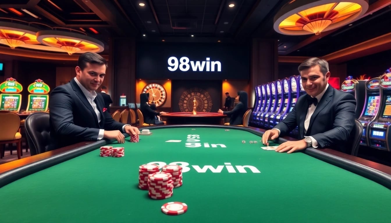 Experience the thrill of a luxurious casino with 98win's exciting poker table setup.