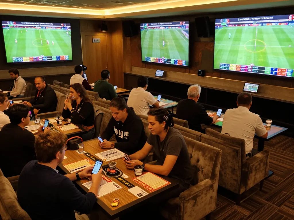 Socolive sports fans engaged in betting excitement at a luxurious lounge