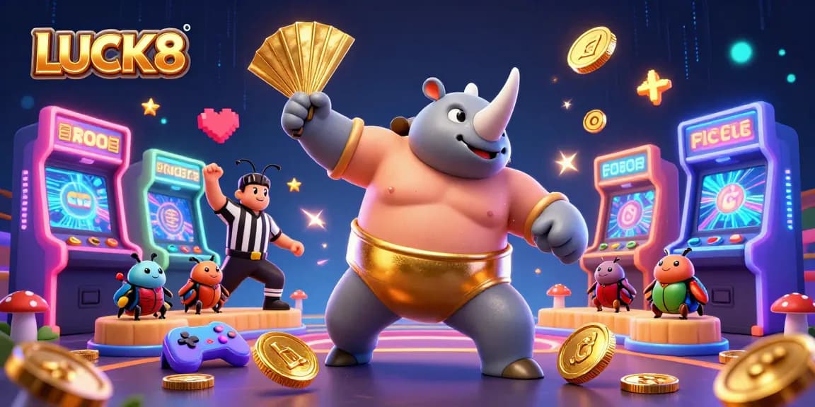 LUCK8 brings thrilling gaming adventures with a 3D sumo beetle champion and vibrant arcade elements.