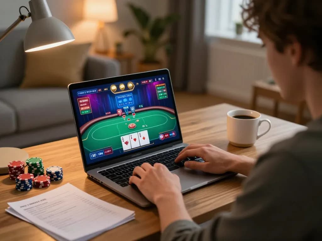 C168 online poker gameplay with focused player analyzing strategy notes at home.