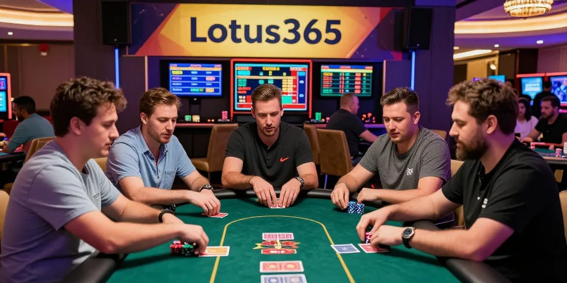 Exciting gaming scene showcasing players at a lotus365 poker table, vibrant casino atmosphere with neon lights.