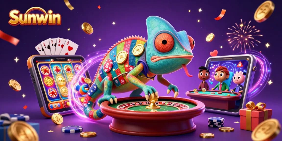 Experience thrilling wins with Sunwin, where colorful slot games and golden coins abound in a lively casino atmosphere.