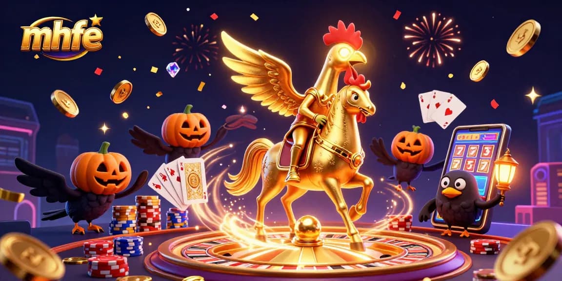 Experience the excitement at mhfe with golden rooster and crow companions in a vibrant casino scene.