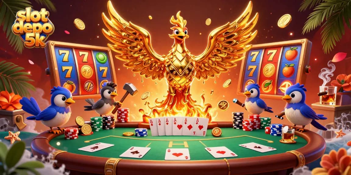 Experience thrilling gameplay and excitement in slot depo 5k with golden phoenix and poker elements.