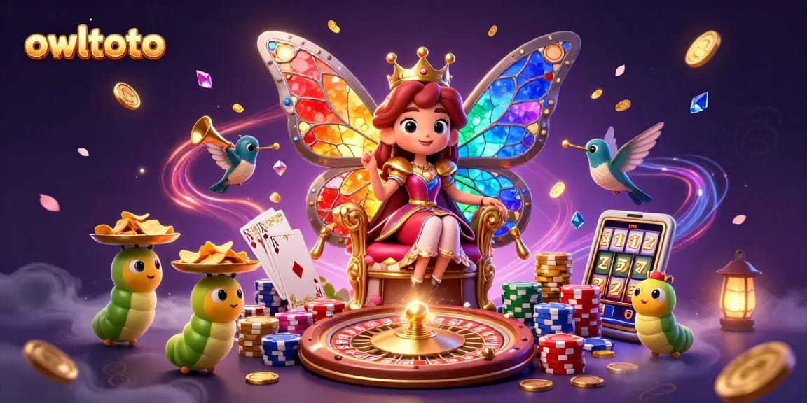 Experience the thrill of casino gaming with owltoto as the butterfly queen presides over a vibrant scene of luck and fortune.