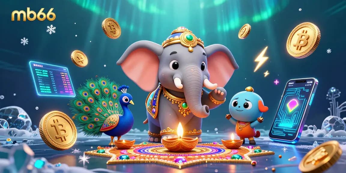 Experience mb66's vibrant casino escape with a colorful elephant and crypto coins in a dazzling setting.