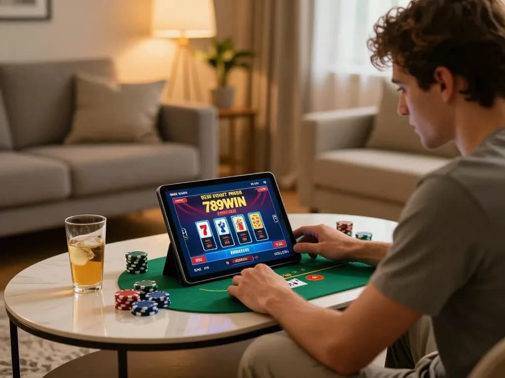 Engaged player enjoying online poker at home on 789WIN tablet, showcasing relaxed atmosphere.