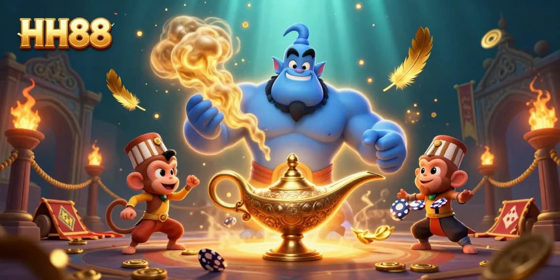 Join the gaming adventure at HH88 with a genie, monkey, and poker chips.