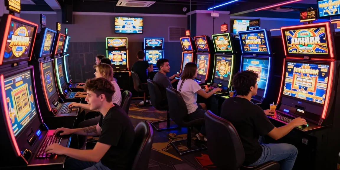 Friends enjoying new online slot sites in a lively internet cafe with neon lights and gaming screens.