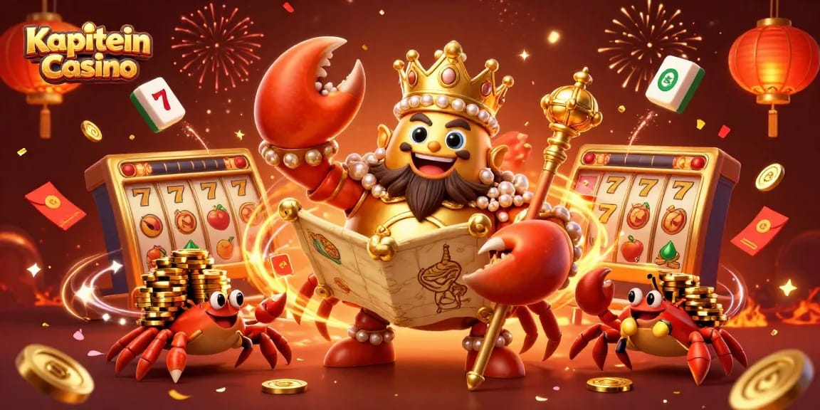 Gambarlah kemenangan yang penuh gaya di Kapitein Casino dengan raja kepiting emas dan elemen menarik lainnya.