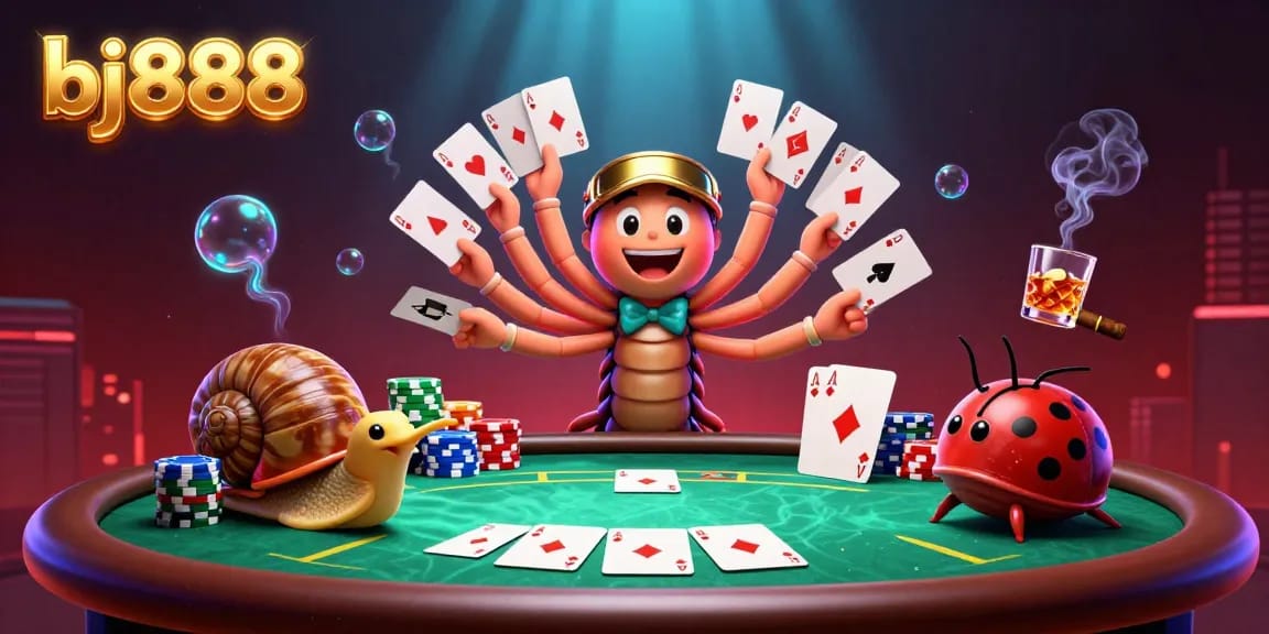 Engage in thrilling gameplay at bj888 with a vibrant 3D casino scene featuring a cartoon millipede dealer and high-roller snail.