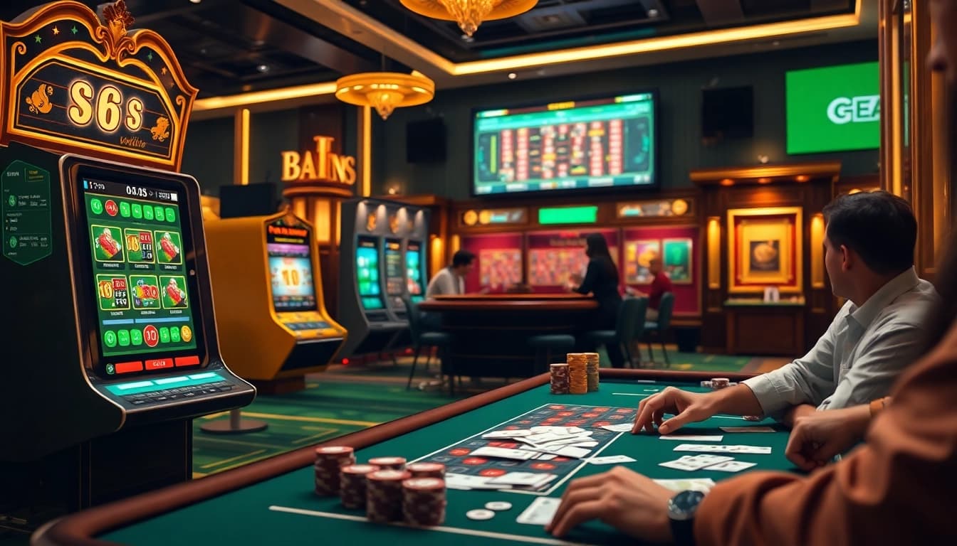 Engaging scene of amanahtoto featuring players at luxurious online gambling tables with poker chips and cards.