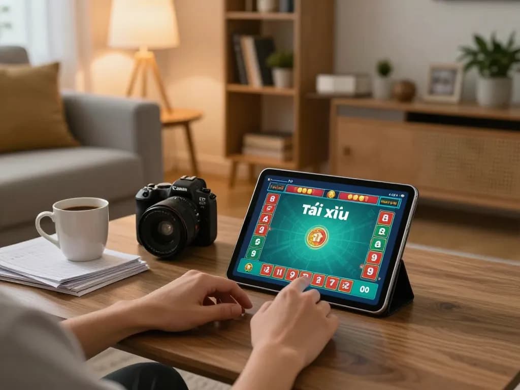 Engaging in tài xỉu online using a tablet while enjoying a cozy home atmosphere.