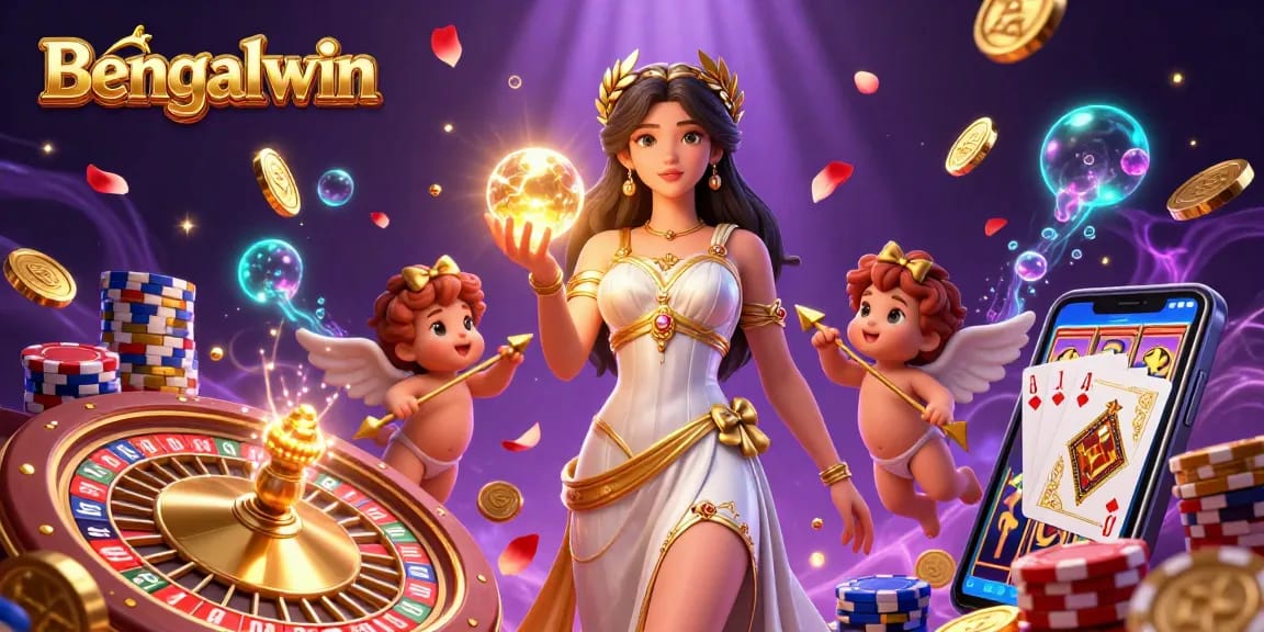 Bengalwin offers thrilling casino vibes with a goddess, cherubs, and dynamic slot game elements.