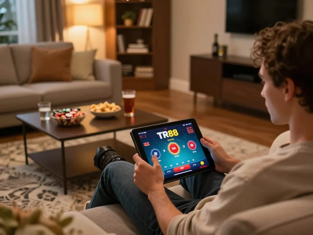 Player engaging with TR88 online casino app on tablet in a warm, inviting home setting