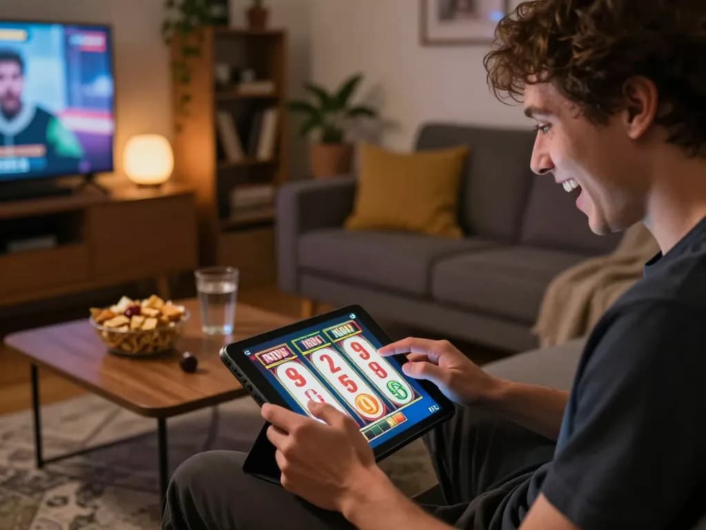 Pemain yang bersemangat terlibat dalam permainan slot daring di tablet di rumah, mengalami putaran mendebarkan yang menunjukkan koneksi slovakia-vhs ke permainan