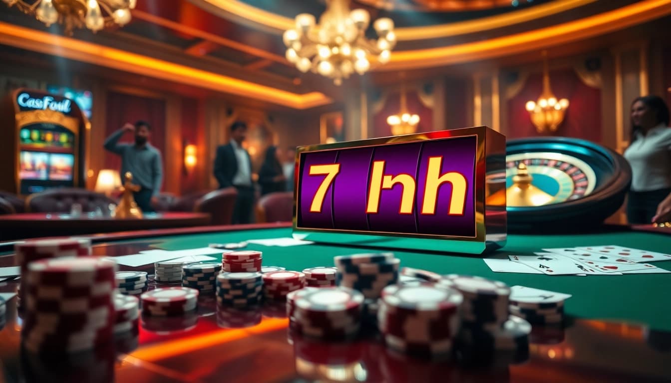 Gambling scene showcasing an exciting slot machine, poker chips, and a roulette wheel, highlighting 7hh.