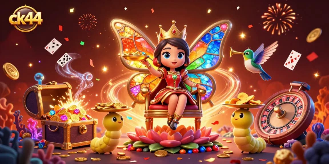 Experience thrilling gaming at ck44, a vibrant 3D scene showcasing a butterfly queen amid colorful gems and casino elements.