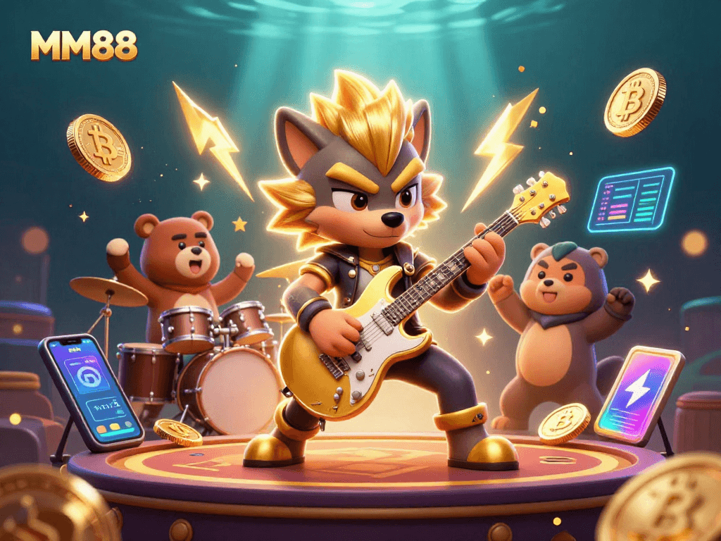 Experience vibrant gaming vibes with MM88 featuring a cartoon rock star wolf and bear drummer on a casino stage.