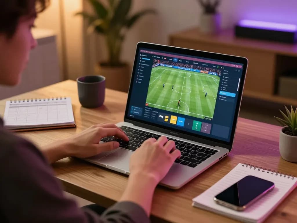 Engaged user analyzing tỷ lệ nhà cái while betting on sports online in a cozy setting